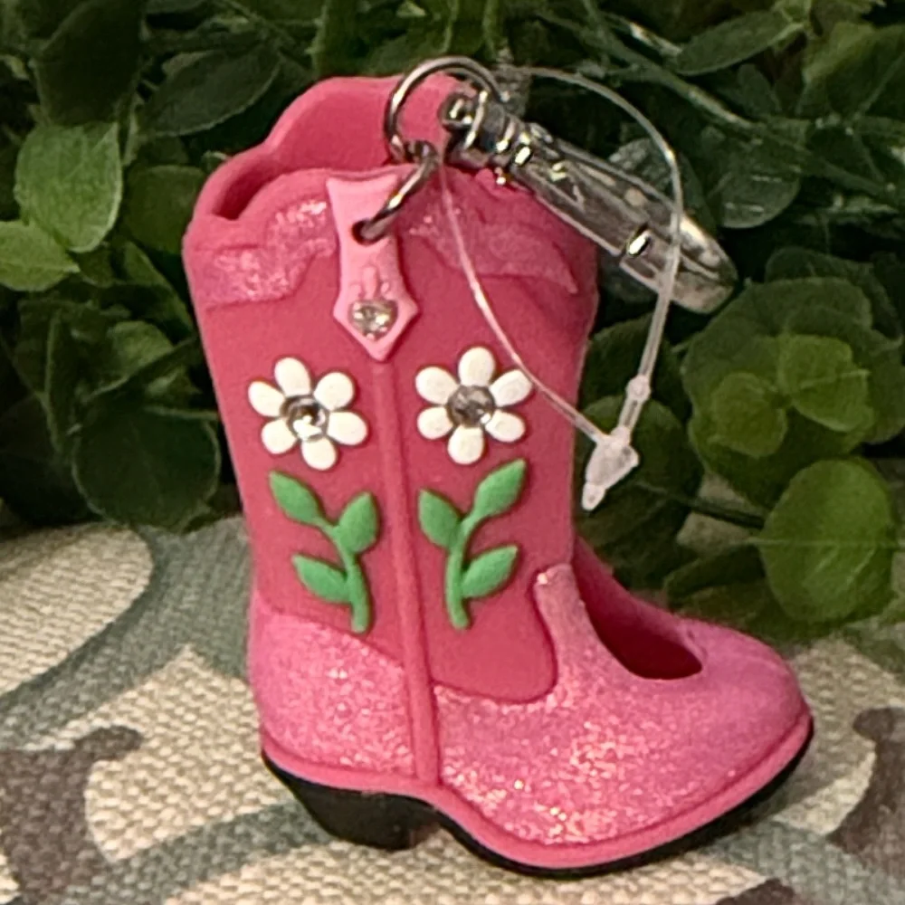 Pink Glitter Flower Boot Keychain NWOT